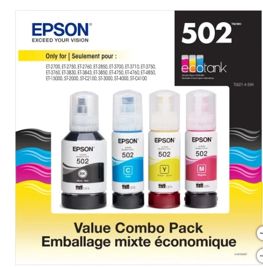 Epson T502 EcoTank Ink Bottles BK/C/Y/M, Club Pack